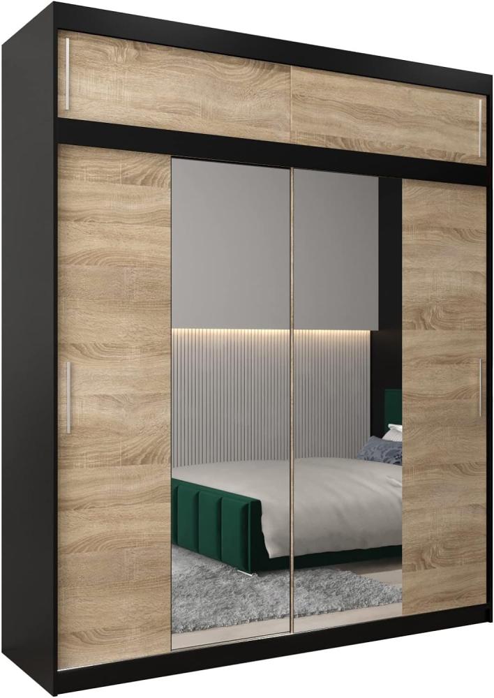 Kryspol Schwebetürenschrank Tokyo 1-200 cm mit Spiegel Kleiderschrank mit Kleiderstange und Einlegeboden Schlafzimmer- Wohnzimmerschrank Schiebetüren Modern Design (Schwarz + Sonoma mit Erweiterung) Bild 1