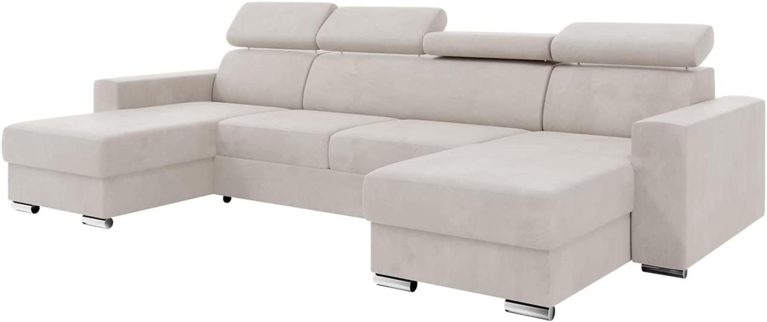 MEBLINI Schlafcouch mit Bettkasten - VOSS - 306x168x79cm - Beige Samt - Ecksofa mit Schlaffunktion - Sofa mit Relaxfunktion und Kopfstützen - Couch U-Form - Eckcouch - Wohnlandschaft Bild 1