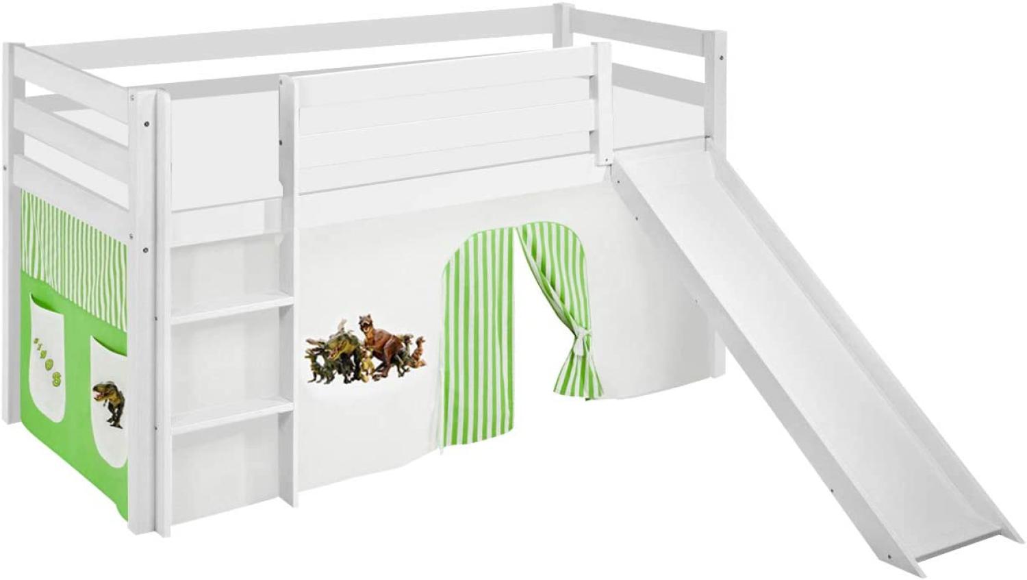 Lilokids 'Jelle' Spielbett 90 x 190 cm, Dinos Grün Beige, Kiefer massiv, mit Rutsche und Vorhang Bild 1