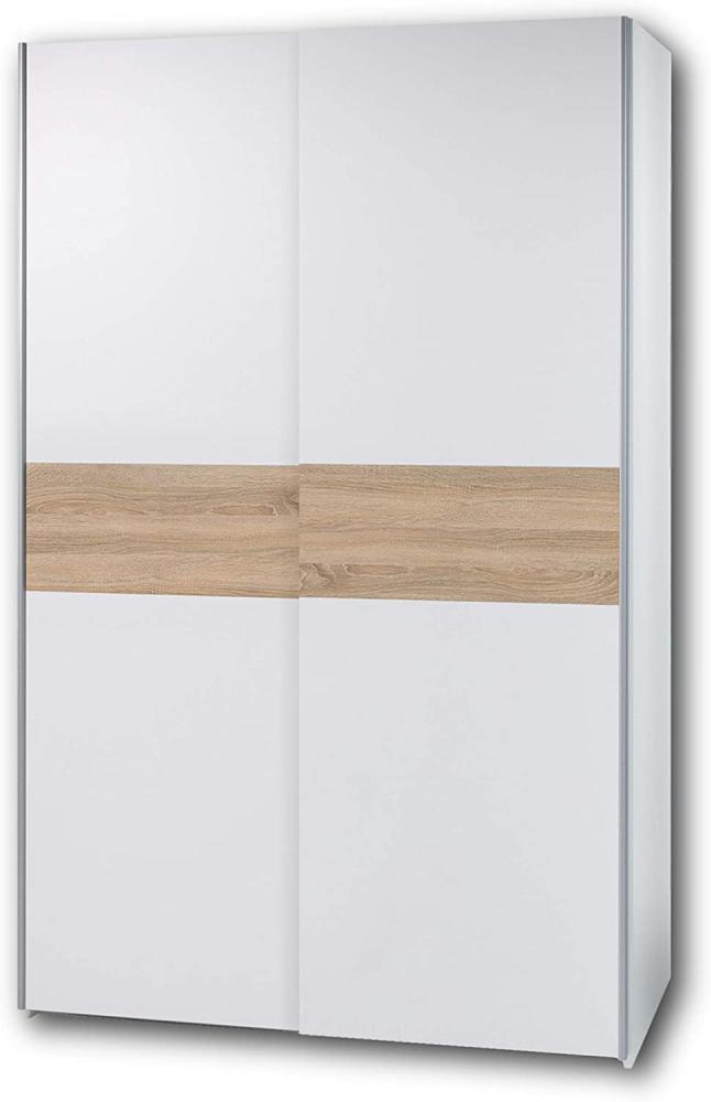 PULS Eleganter Kleiderschrank mit viel Stauraum - Vielseitiger Schwebetürenschrank in Weiß, Bauchbinde Eiche Sonoma - 125 x 195 x 58 cm (B/H/T) Bild 1