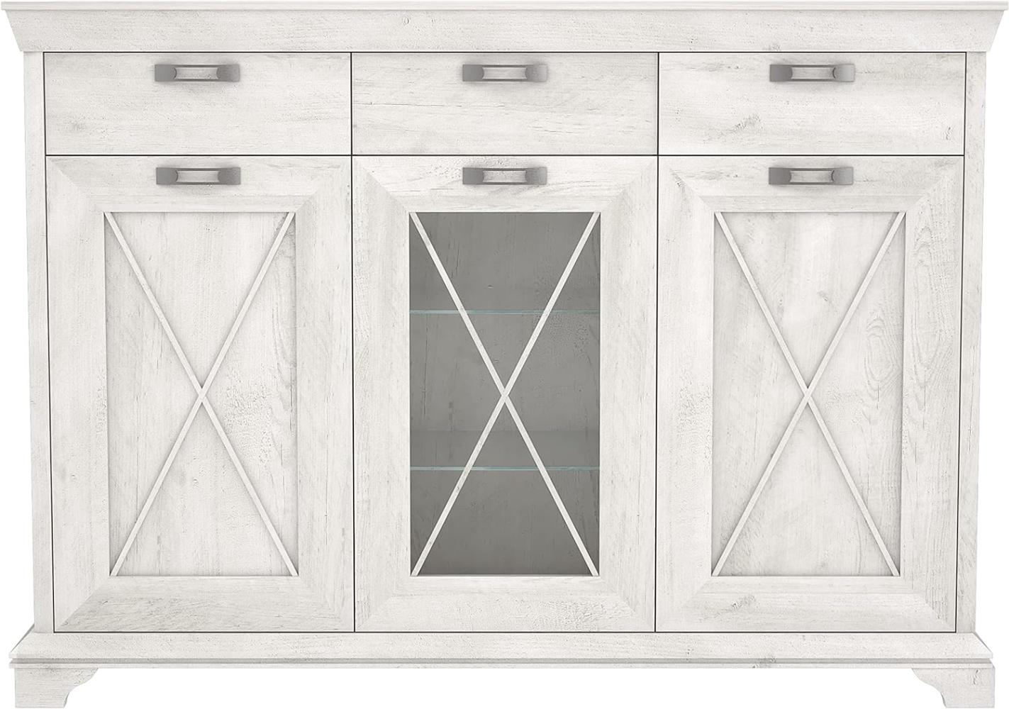 FORTE Kashmir Vitrine mit 2 Türen, 1 Glastür und 3 Schubladen, Holzwerkstoff, Pinie Weiß Dekor, 48,3 x 177,7 x 127,7 cm Bild 1