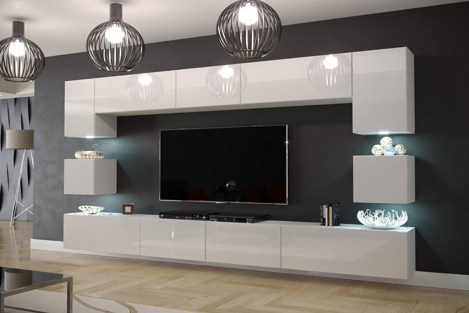 Furnitech Modernes TV Möbel mit LED Beleuchtung Schrank Wohnschrank Wohnzimmer Schrankwand Wohnwand Mediawand Nowara 1C (AN1-17W-HG21 1C, LED weiß) Bild 1