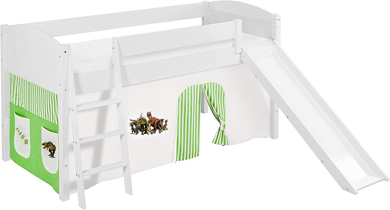 Lilokids 'Ida 4106' Spielbett 90 x 200 cm, Dinos Grün Beige, Kiefer massiv, mit Rutsche und Vorhang Bild 1
