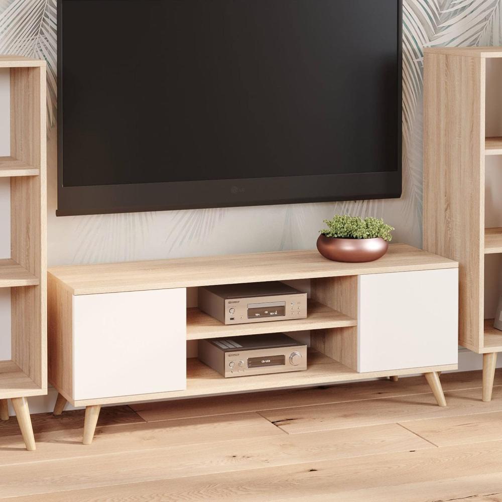 Dmora TV-Schrank mit 2 Türen und 1 Mittelregal, Sideboard mit Füßen, Wohnzimmerbuffet im skandinavischen Stil, 155x40h50 cm, Farbe Weiß und Eiche Bild 1