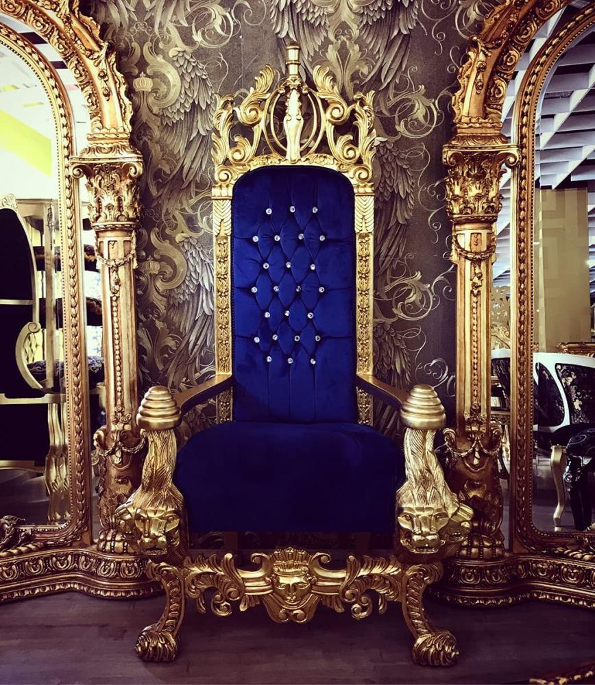 Majestätischer Harald Glööckler Luxus Barock Thron Sessel Pompöös by Casa Padrino Lion Royalblau / Gold Bild 1