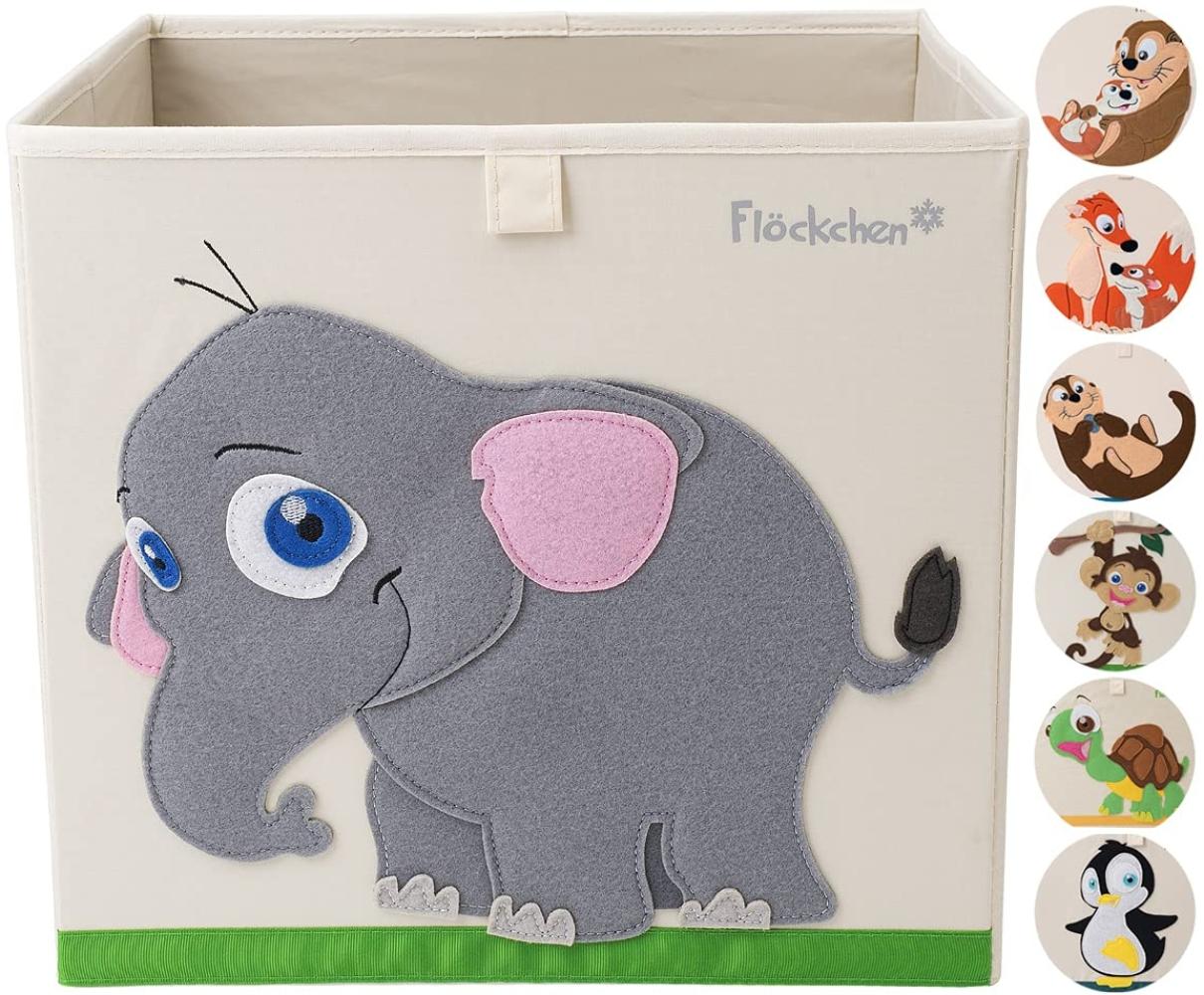 Flöckchen Kinder Aufbewahrungsbox, Spielzeugbox für Kinderzimmer I Spielzeug Box (33x33x33) passt ins Kallax Regal I Kinder Motiv Tiere (Emilia der Elefant) Bild 1