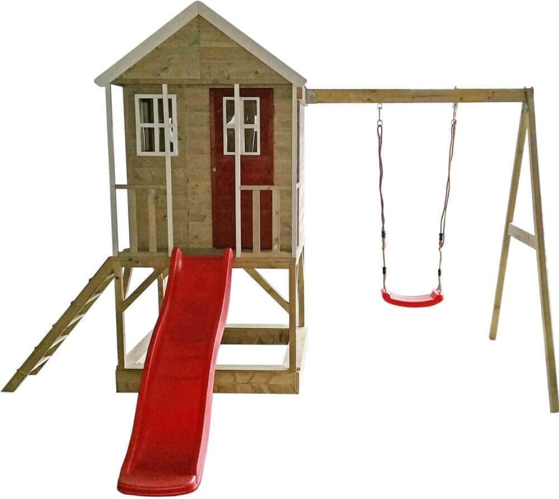 Wendi Toys Holz Stelzenhaus Alpaka | mit roter Rutsche, Schaukel und Sandkasten | Natur | 290x350x242 cm Bild 1