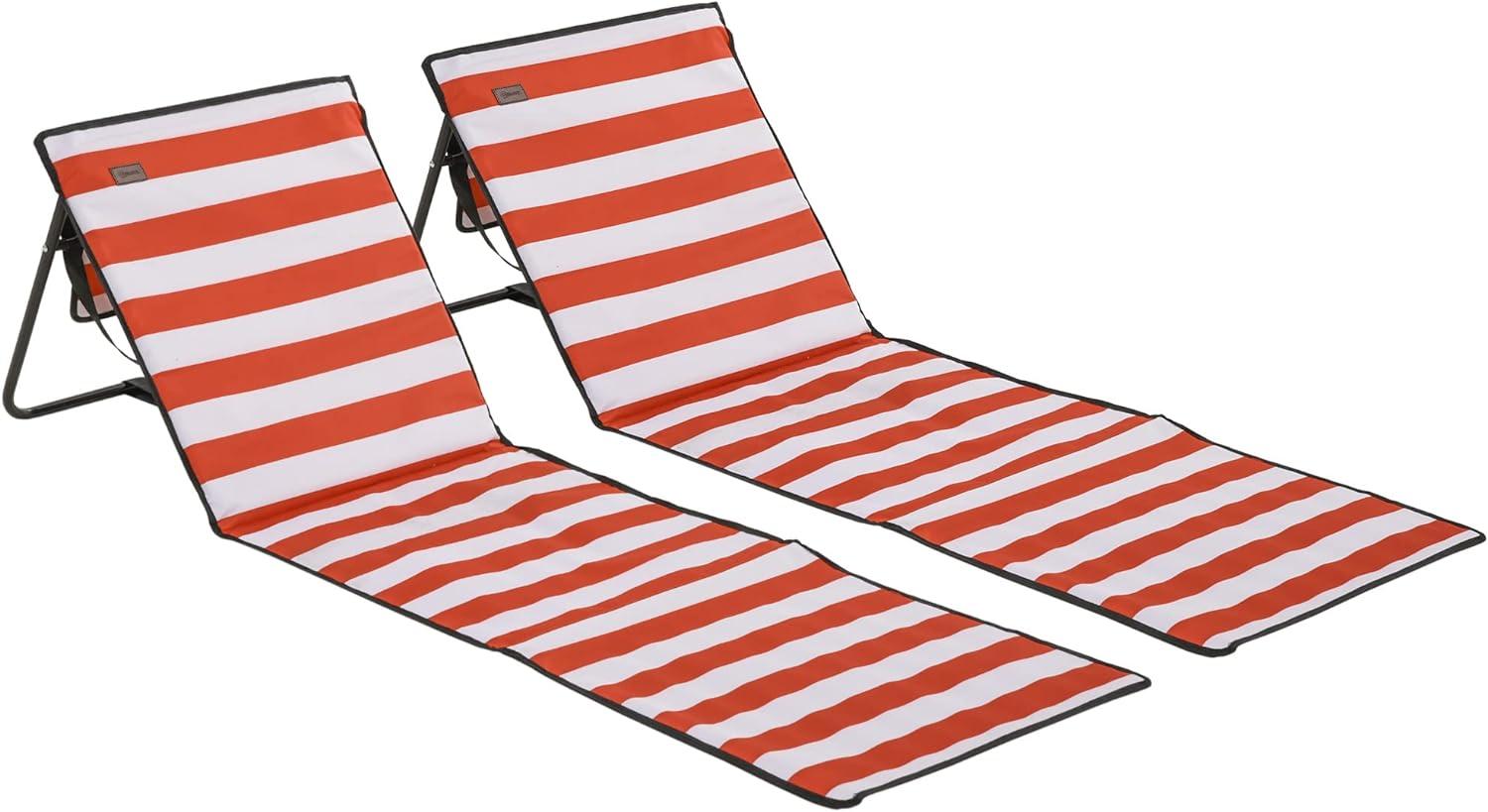 Outsunny 2er-Set Strandmatte, Faltbare Strandliege, Verstellbare Sonnenliege, Strandmatratze mit Tragetasche, Magazin Tasche, Stahl, Oxford, 142 x 51 x 40 cm, Rot Bild 1