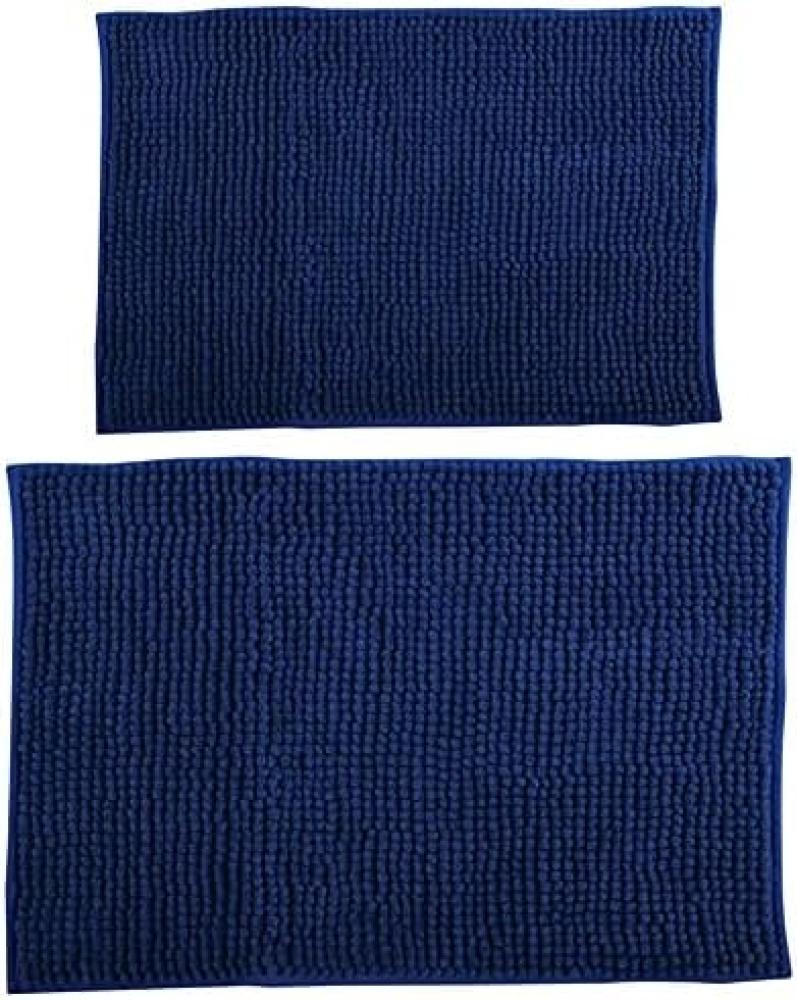 MSV Badteppich 2er Set Badvorleger Duschvorleger Chenille Hochflor Badematte 40x60 cm + 60 x 90 cm – Dunkelblau Bild 1