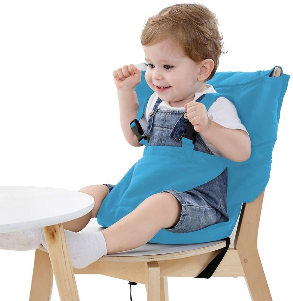 Vine Easy Seat, Tragbarer Reisehochstuhl, verstellbar, Sicherheit, waschbar, für Kleinkind, Sitzbezug, aus praktischem Stoff, passt in deine Handtasche, Blau Bild 1