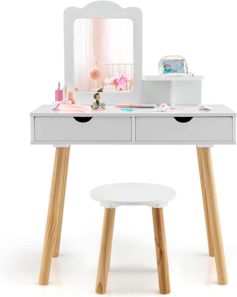 COSTWAY Kinder Schminktisch Set, 2 in 1 Frisiertisch Schreibtisch & Hocker mit abnehmbarem Spiegel, 2 Schubladen, Kamm, Schminkkommode Holz für Mädchen im Alter von 3-7 Jahren Bild 1