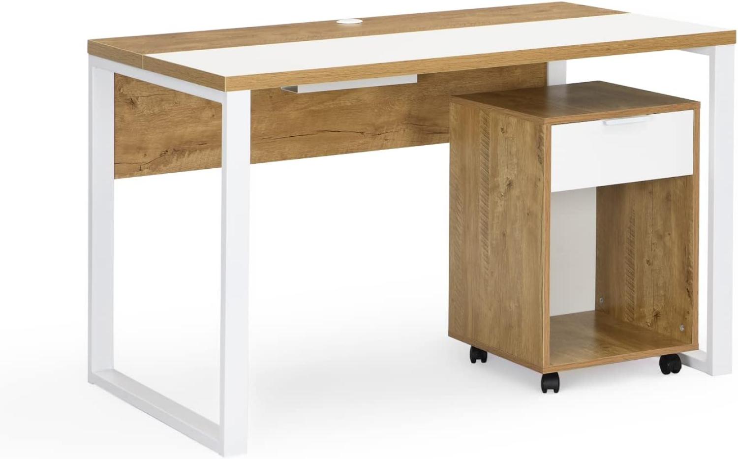 B&D home Schreibtisch mit Rollcontainer Set | Bürotisch mit Schublade Ablagefläche für Jugendzimmer, Büro| modern | Wildeiche Optik, 120cm Bild 1