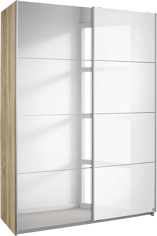 Rauch Möbel Subito Schrank Kleiderschrank Schwebetürenschrank in Eiche Sonoma / Glas Weiß mit Spiegel 2-türig inkl. Zubehörpaket Basic 2 Kleiderstangen, 2 Einlegeböden BxHxT 136x197x61 cm Bild 1