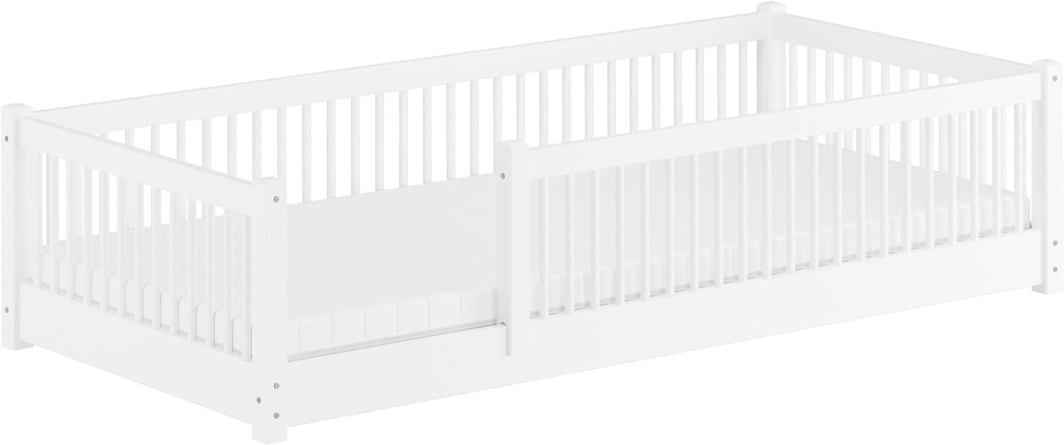 Kinderbett niedriges Bodenbett Kiefer weiß 80x180 Kleinkinder Laufstall ähnlich, Rollrost und Matratze inkl. Bild 1