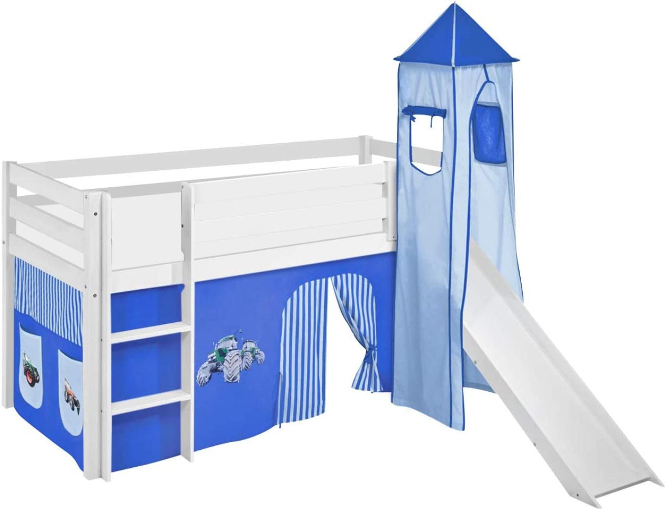 Lilokids 'Jelle' Spielbett 90 x 200 cm, Trecker Blau, Kiefer massiv, mit Turm, Rutsche und Vorhang Bild 1