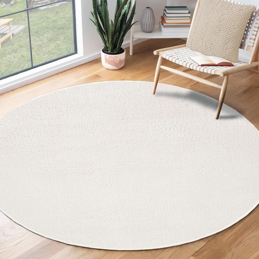 the carpet Relax Moderner Flauschiger Kurzflor Teppich, Anti-Rutsch Unterseite, Waschbar bis 30 Grad, Super Soft, Felloptik, Creme, 200 x 200 cm Rund Bild 1