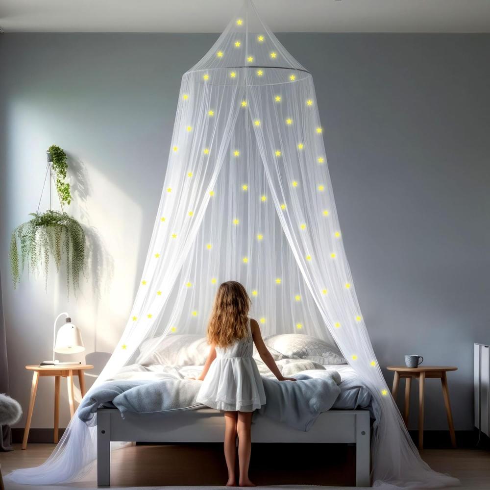 UB-STORE Betthimmel mit vorgeklebten leuchtenden Sternen - Prinzessinen Moskitonetz für Mädchen Zimmerdekoration - Himmelbett Vorhänge für Kinder und Baby Bett Bild 1