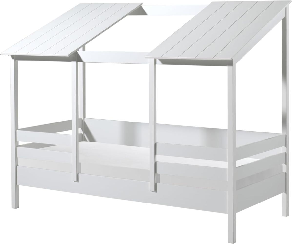Hausbett Set inkl. Rolllattenrost und Matratze, Liegefläche 90 x 200 cm und geteiltem Dach, Ausf. weiß teilmassiv Bild 1