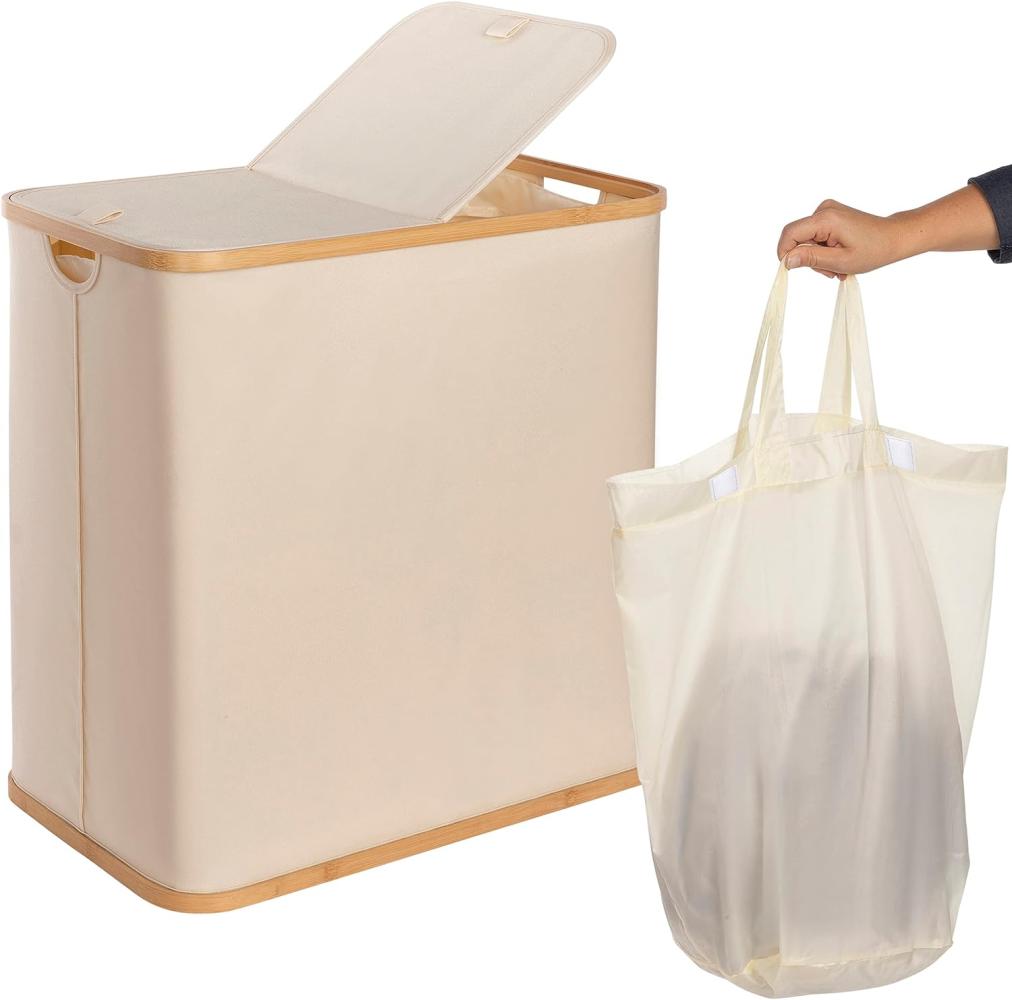 ONVAYA® Wäschekorb mit Deckel | 2 Fächer | Beige | Wäschesammler fürs Badezimmer | Wäschetruhe aus Bambus-Holz & Oxford-Stoff | Design Wäschebox | Wäschesortierer Bild 1