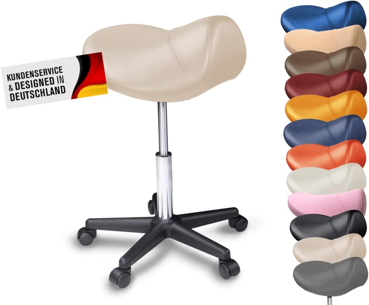 Sattelhocker / Sattelstuhl mit PU Rollen für alle Böden - ergonomisch - stufenlos höhenverstellbar - viele Farben - 360° drehbar - Arbeitshocker - Praxishocker - Kein Werkzeug notwendig Beige Bild 1