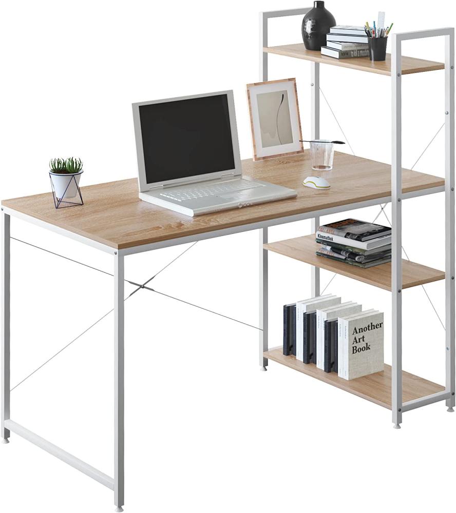 Moderner Schreibtisch mit integriertem Bücherregal, eiche/ weiß, 120 x 64 x 120 cm Bild 1