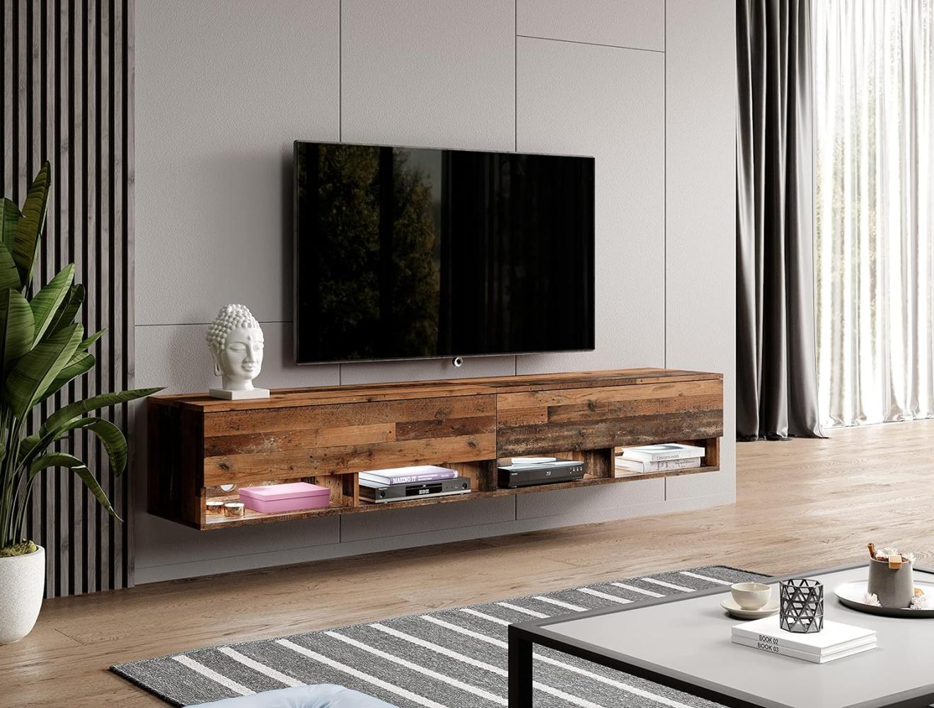 Furnix TV Lowboard Alyx Fernsehschrank Kommode B200 x H34 x T32 cm - TV-Schrank Sideboard mit LED-Beleuchtung, 4 Fächer mit Tür „Push-Click“, 4 offene Ablagen unten, Wandmontage möglich (2x100) Bild 1
