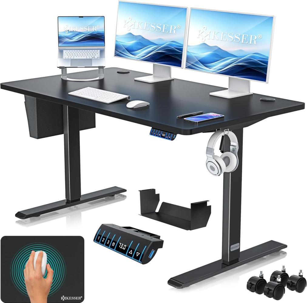 KESSER® Höhenverstellbarer Schreibtisch elektrisch | Ergonomisch Steh-Sitz Schreibtisch | 3-Funktions-Memory Steuerung | Inkl. 360° Rollen & USB-Ladeanschluss | Computertisch für Homeoffice Schwarz, 140 x 70 cm Bild 1