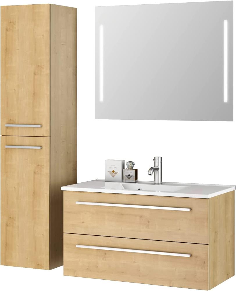 Sieper I Badmöbel Set Libato, Waschtisch mit Unterschrank 90 x 50 cm, Hochschrank und Badspiegel I Eiche Natur Bild 1