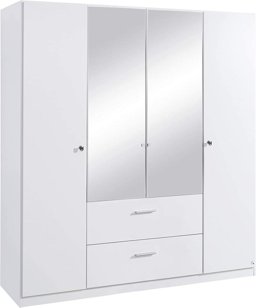 Rauch Möbel Buchholz Schrank abschließbar, Abschließbarer Kleiderschrank in Weiß 4-türig mit Spiegel und 2 Schubladen inkl. Zubehörpaket Basic 2 Kleiderstangen, 5 Einlegeböden BxHxT 181x197x54 cm Bild 1