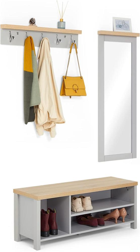 Mondeer Garderobenset, Schuhbank Wandspiegel und Garderobenständer mit 5 Haken Set, Holz Moderner Stil, für Eingang Flur, Grau Bild 1