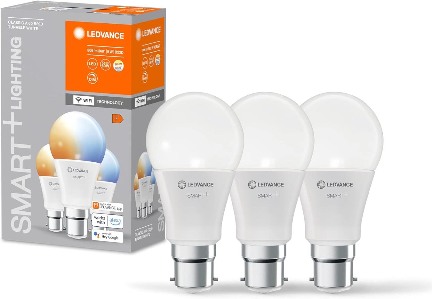 LEDVANCE Smarte LED-Lampe mit WiFi-Technologie für B22d-Sockel, matte Optik ,Lichtfarbe änderbar (2700K-6500K), 806 Lumen, Ersatz für herkömmliche 60W-Leuchtmittel, smart dimmbar, 3-er Pack Bild 1