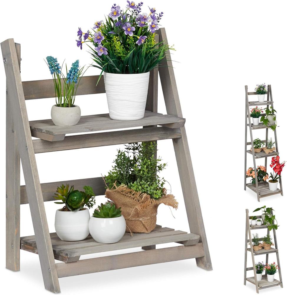 Relaxdays Blumentreppe, 2-stufig, Blumenleiter Holz, klappbar, Leiterregal für Pflanzen, HBT: 51,5 x 41 x 24 cm, grau Bild 1