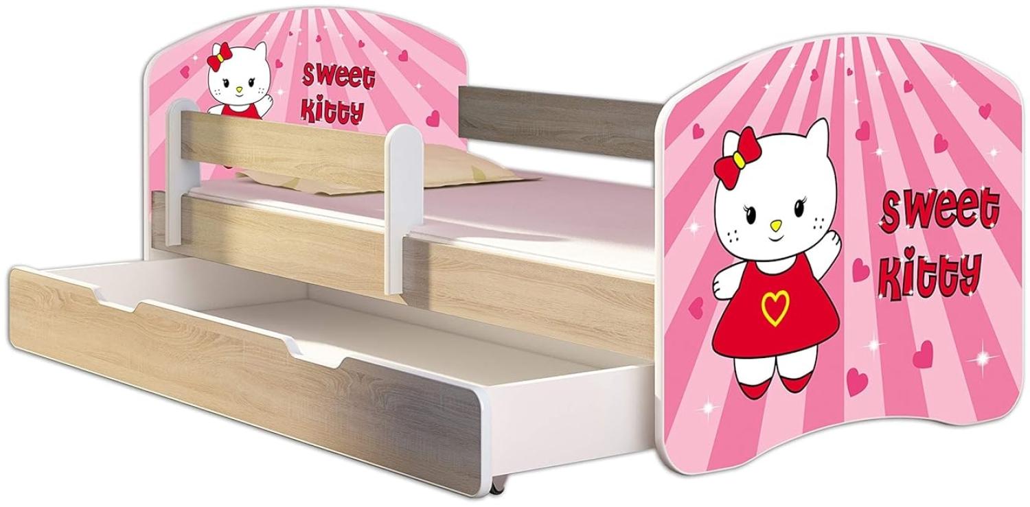 Kinderbett Jugendbett mit einer Schublade und Matratze Sonoma mit Rausfallschutz Lattenrost ACMA II 140x70 160x80 180x80 (15 Sweet Kitty, 140x70 + Bettkasten) Bild 1