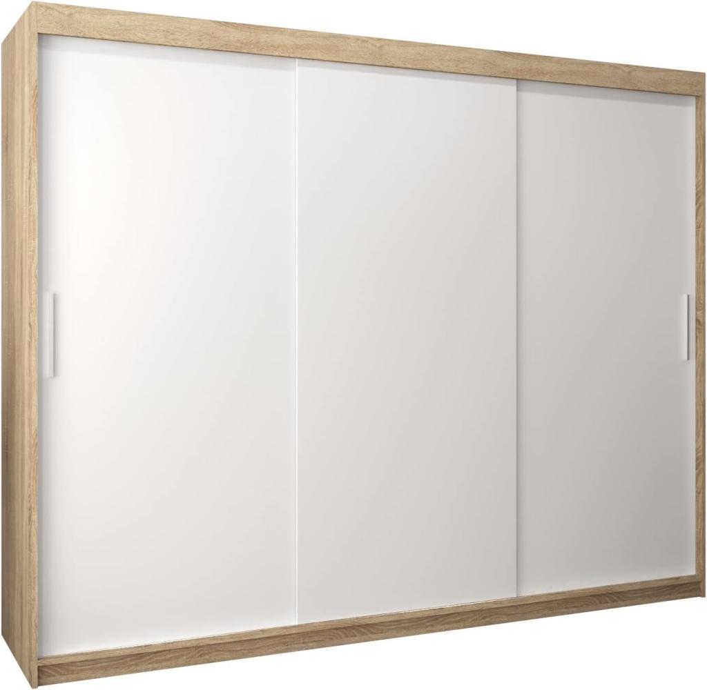 Schwebetürenschrank Tokyo 250 cm Kleiderschrank mit Kleiderstange und Einlegeboden Schlafzimmer- Wohnzimmerschrank Schiebetüren Modern Design (Sonoma + Weiß) Bild 1