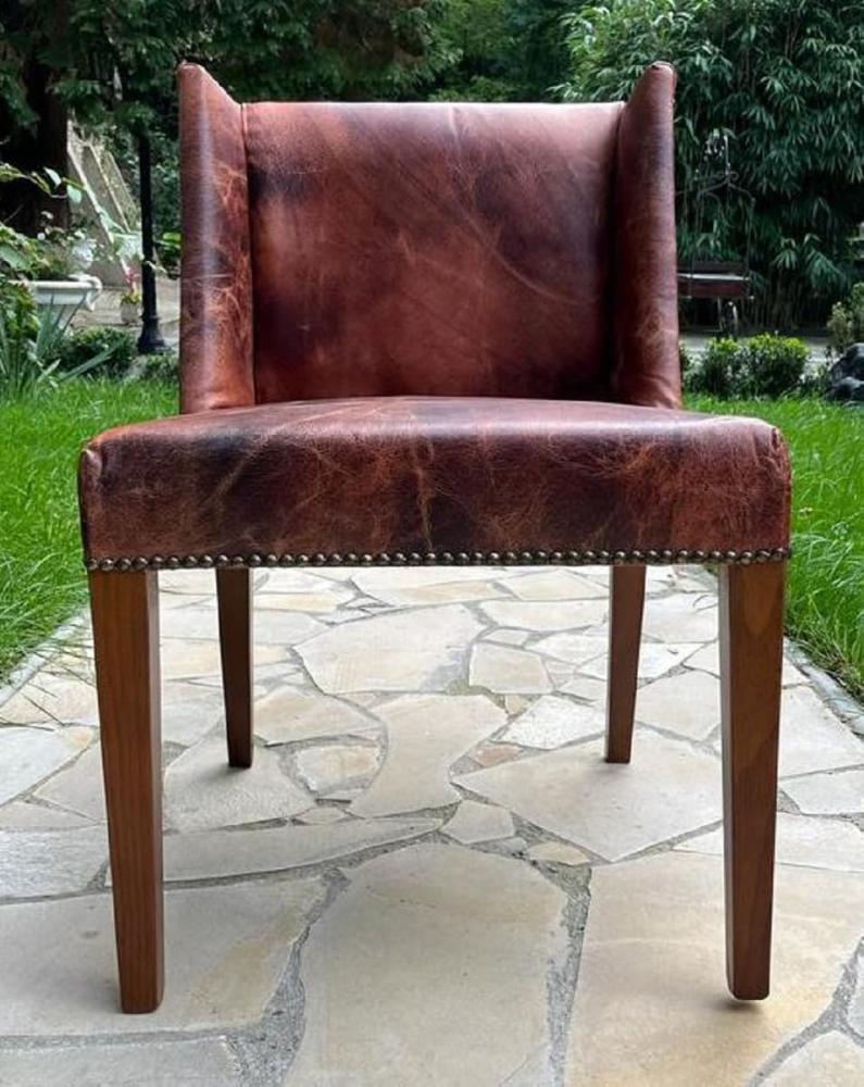 Casa Padrino Luxus Leder Esszimmer Stuhl Vintage Braun / Braun 56 x 52 x H. 81 cm - Massivholz Küchenstuhl mit edlem Echtleder - Esszimmer Möbel - Leder Möbel - Luxus Möbel Bild 1