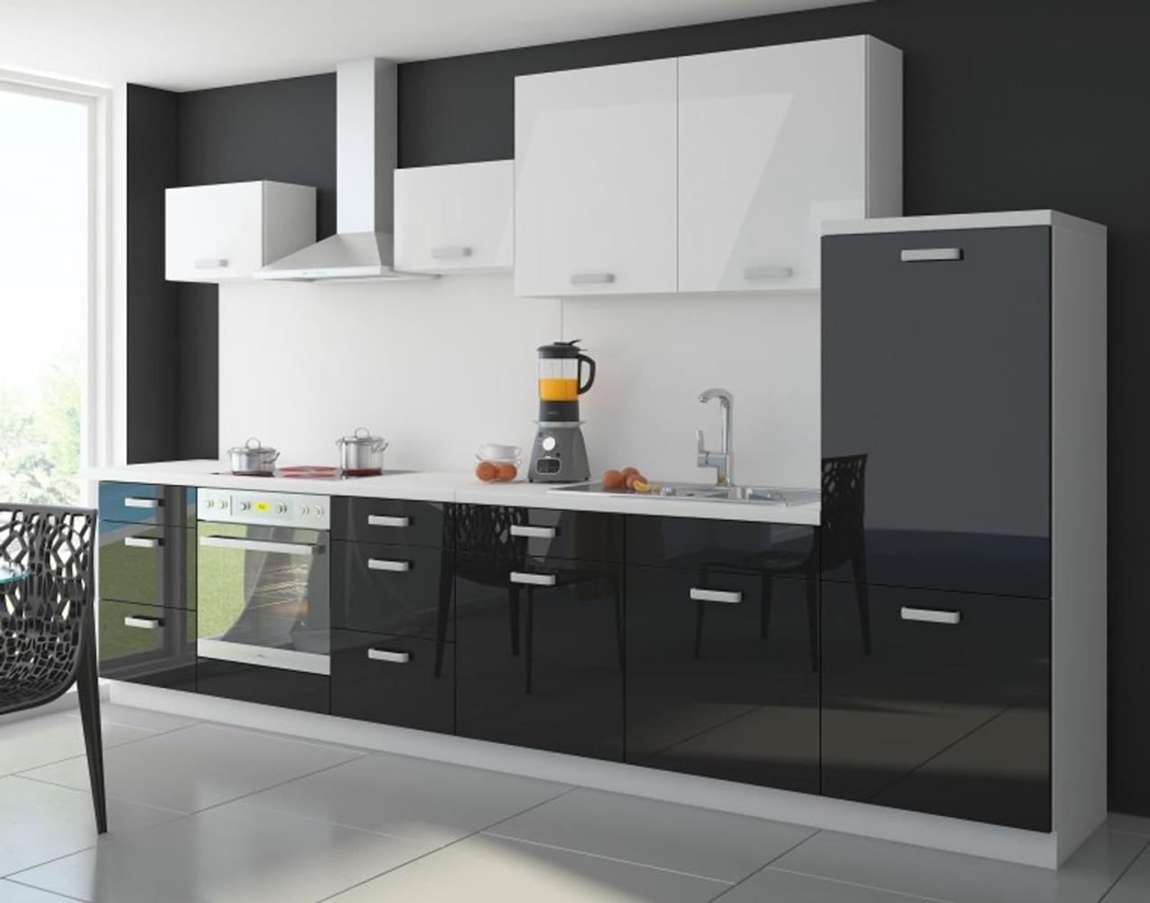 Küche Color 340cm Küchenzeile Küchenblock Einbauküche in Hochglanz Schwarz/Weiß Bild 1