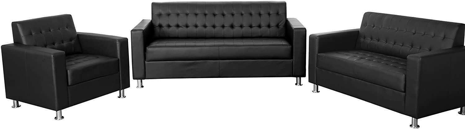3-2-1 Sofagarnitur Kunda, Couch Loungesofa Kunstleder, Metall-Füße ~ schwarz Bild 1