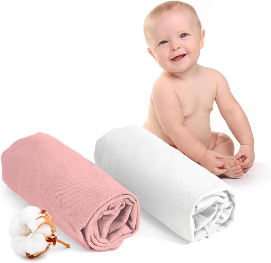 Dreamzie - Spannbettlaken 60x120 Baby 2er Pack - Baumwolle Oeko Tex Zertifiziert - Weiß und Rose - 100% Jersey Spannbettlaken 60x120cm Bild 1