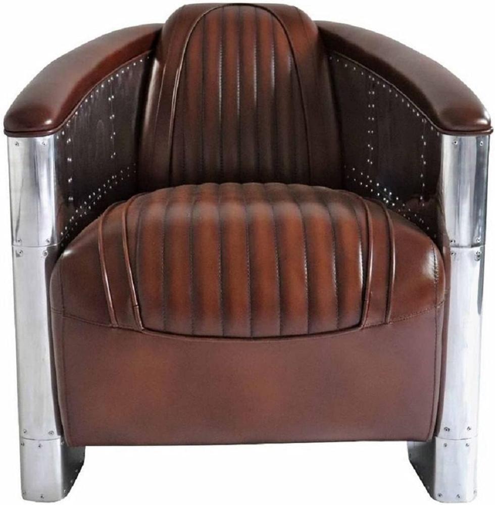 Casa Padrino Luxus Art Deco Echtleder Sessel Dunkelbraun / Silber 90 x 72 x H. 68 cm - Aluminium Sessel mit hochwertigem Leder - Lounge Sessel - Aluminium Flugzeug Flieger Sessel Möbel Bild 1