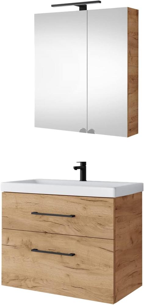 Planetmöbel Waschtischunterschrank 64cm mit Spiegelschrank Badmöbel Set für Badezimmer Gäste WC Gold Eiche Bild 1