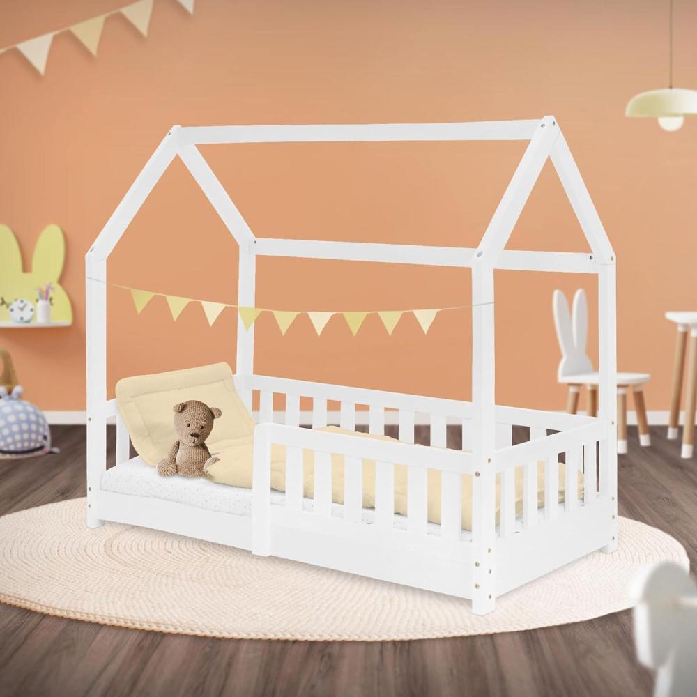 Kinderbett mit Rausfallschutz Lattenrost und Dach 70x140 cm Weiß aus Kiefernholz ML-Design Bild 1