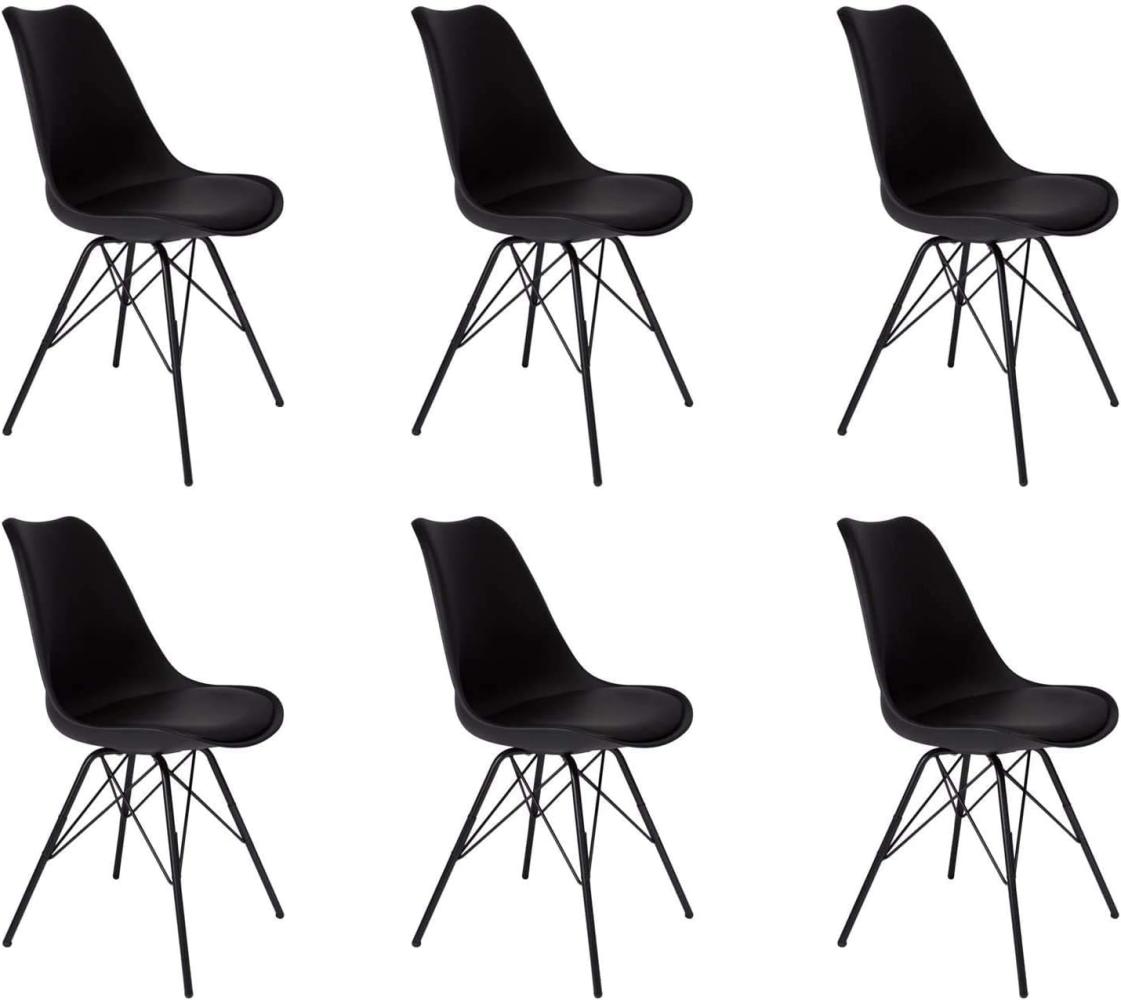 SAM 6er Set Schalenstuhl Lerche, Kunststoffschale schwarz, integriertes Kunstleder-Sitzkissen, Schwarze Metallfüße, Esszimmerstuhl im skandinavischen Stil, Pflegeleichte Stühle Bild 1