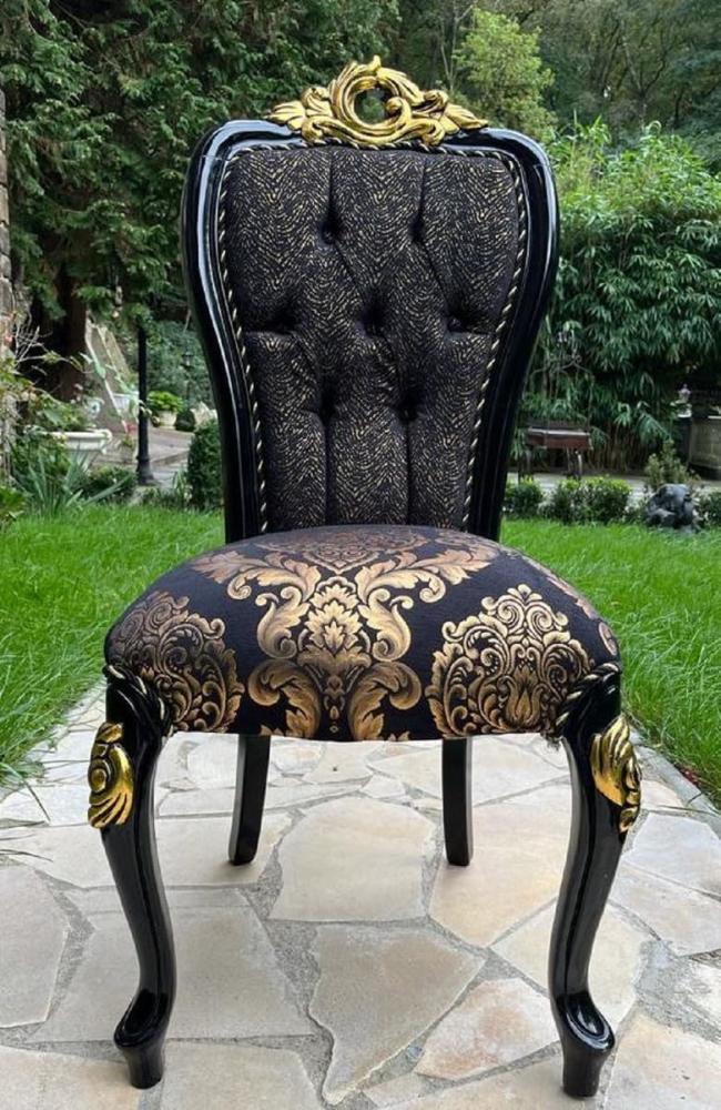 Casa Padrino Luxus Barock Esszimmer Stuhl mit elegantem Muster Schwarz / Gold - Esszimmer Möbel im Barockstil - Luxus Möbel im Barockstil - Barock Möbel - Barock Interior Bild 1