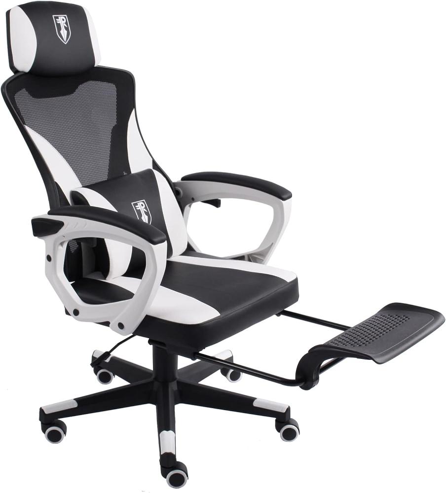 Gaming Stuhl im modernen Racing-Design mit einklappbarer Fußstütze - Gaming Chair mit flexiblen Armlehnen - ergonomischer Gaming Schreibtischstuhl mit extra Stützkissen Schwarz/Weiß Bild 1