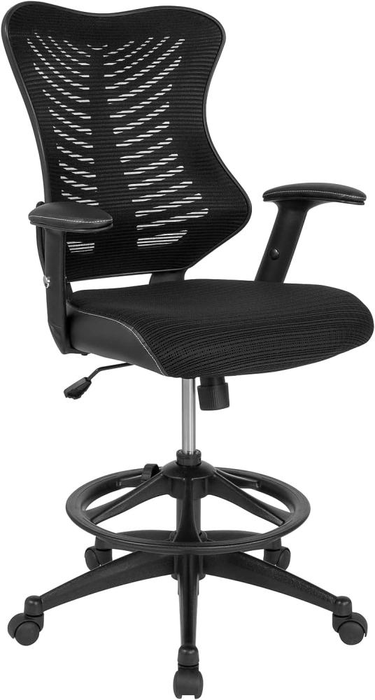Flash Furniture Designer-Zeichenstuhl mit hoher Rückenlehne, Netzmaterial, LeatherSoft-Seiten und verstellbare Armlehnen, Schaumstoff, schwarz, 1 Stück Bild 1
