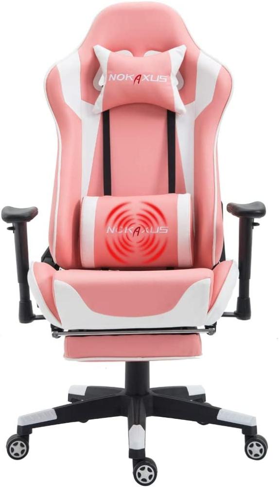 Nokaxus Gaming-Stuhl Bürostuhl Größe hohe Rückenlehne ergonomischer Rennsitz mit Massage Lendenwirbelstütze und einziehbarer Fußstütze PU-Leder 90-180 Grad Anpassung der Rückenlehne (Yk-6008-pink) Bild 1