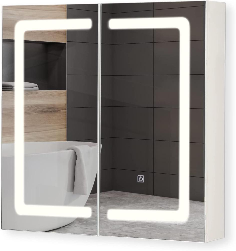Aquamarin® Spiegelschrank mit LED Beleuchtung - 2 Türig, mit Touchschalter, Steckdose, Dimmbar, Warmweiß/Neutral/Kaltweiß - Badschrank, Badezimmerschrank, Wandschrank mit Spiegel, Badspiegel Schrank Bild 1