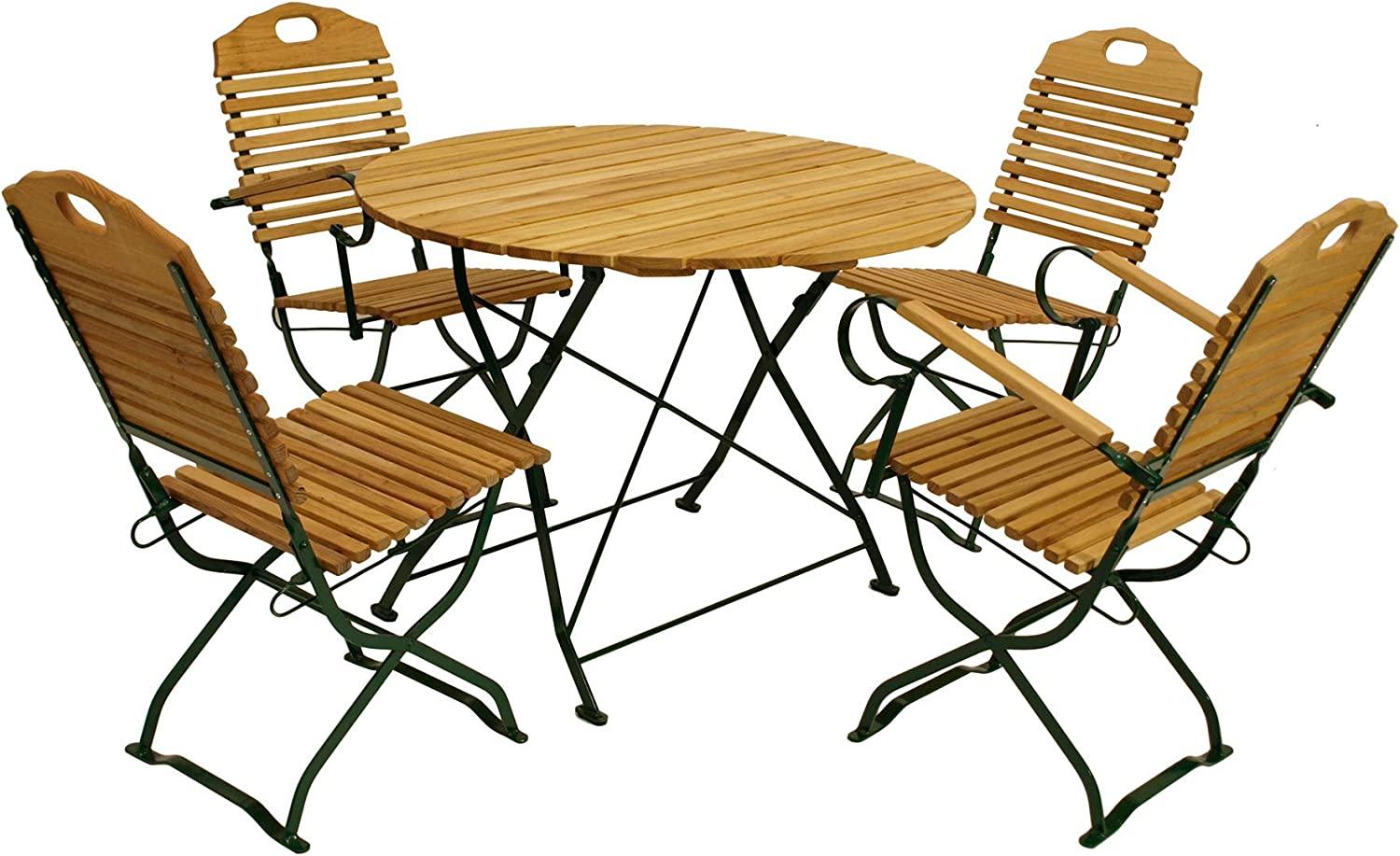 Kurgarten - Garnitur BAD TÖLZ 5-teilig (2x Stuhl, 2x Armlehnensessel, 1x Tisch 100cm rund), Flachstahl grün + Robinie, klappbar Bild 1