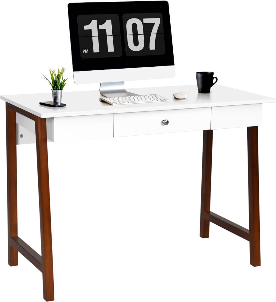 COSTWAY Schreibtisch mit Schublade, Computertisch Kautschuk Tischbeine 106x50x75,5cm, Schminktisch Bürotisch Hochglanz für Büro und Arbeitszimmer (Braun) Bild 1