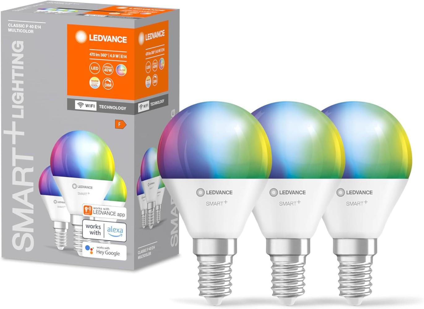 LEDVANCE Smarte LED-Lampe mit WiFi-Technologie für E14-Sockel, matte Optik ,RGBW-Farben änderbar, Lichtfarbe änderbar (2700K-6500K), 470 Lumen, Ersatz für herkömmliche 40W-Leuchtmittel, 3-er Pack Bild 1